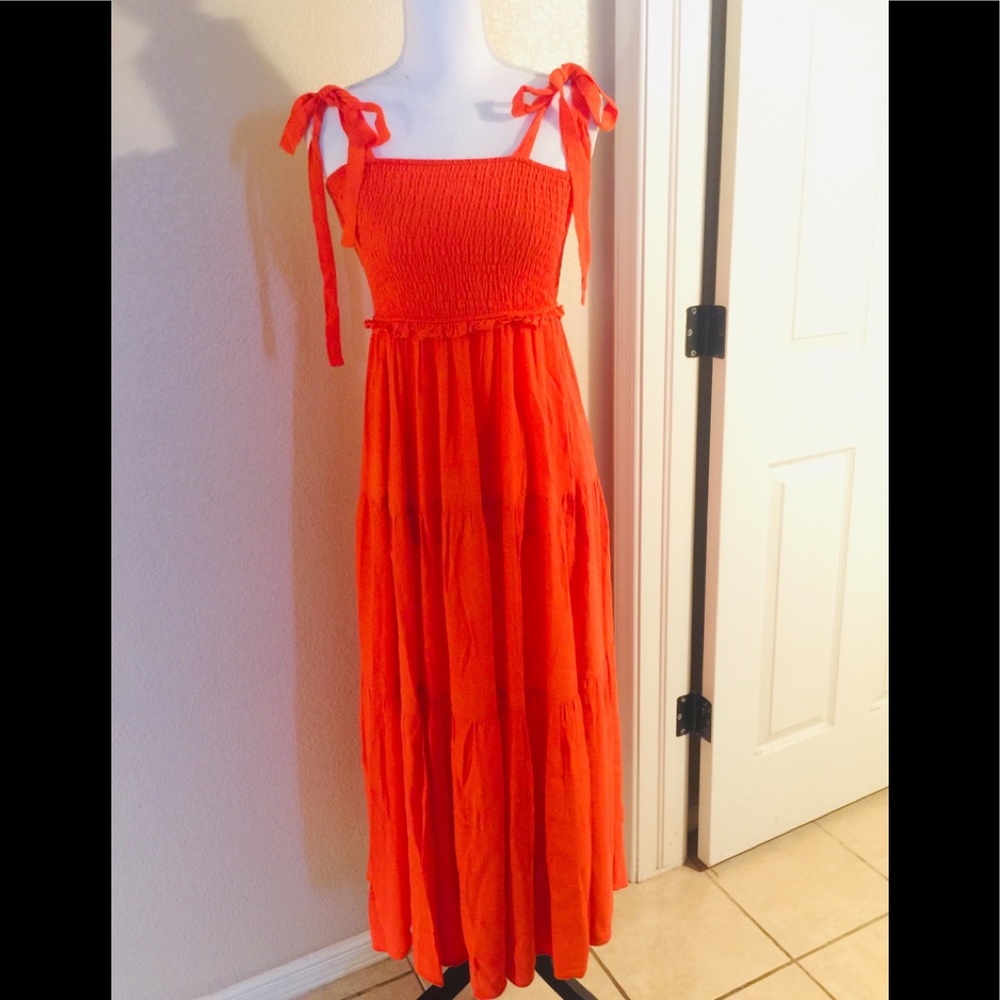 Zara poplin midi smoked knot shoulder maxi dress
